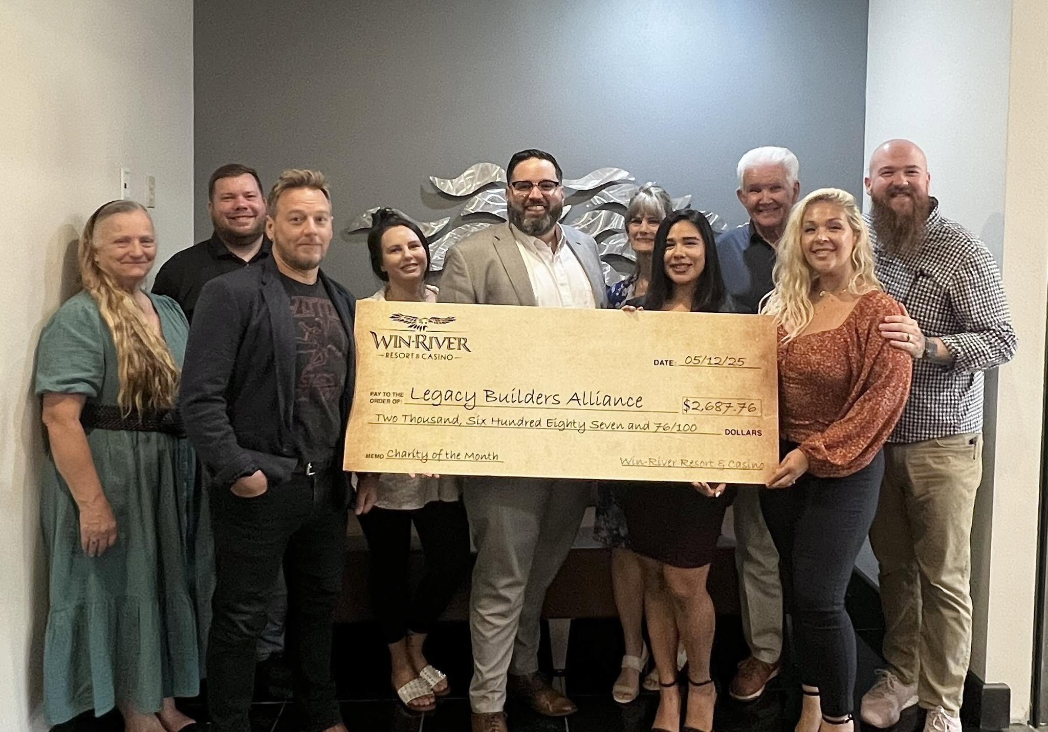 Legacy Builders Alliance members accepting a Charity of the Month cheque from Win-River Resort and Casino