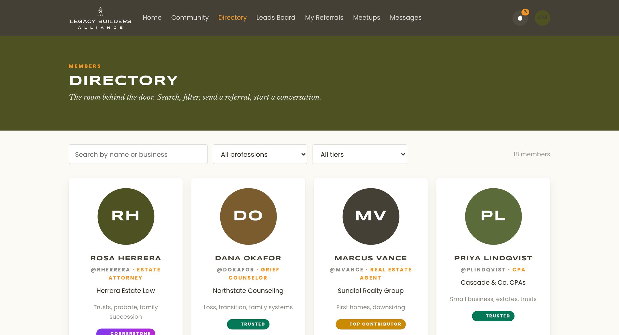 Preview of the Legacy Builders Alliance member directory, showing member cards with profession, business, and buttons to view a profile or send a referral.